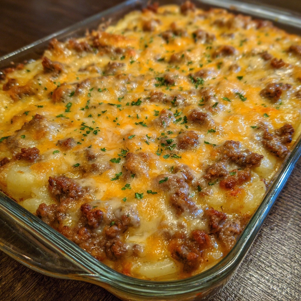 Cheesy beef casserole with crispy edges and soft layers