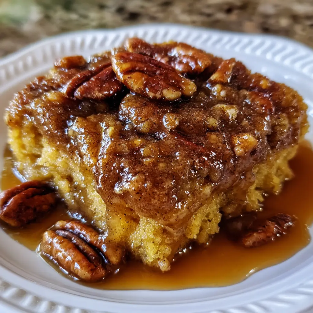 Pumpkin pecan cobbler served warm with melting vanilla ice cream