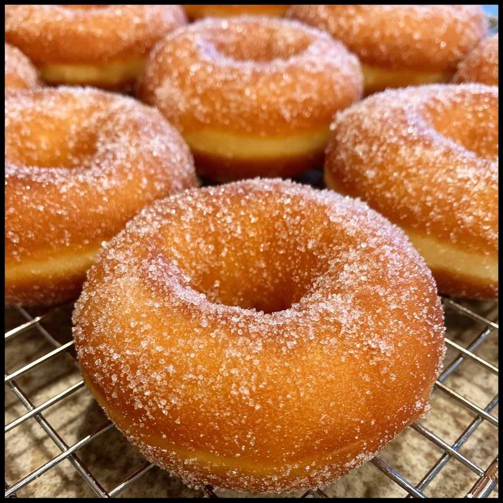 Stack of donuts with sugar crystals sparkling