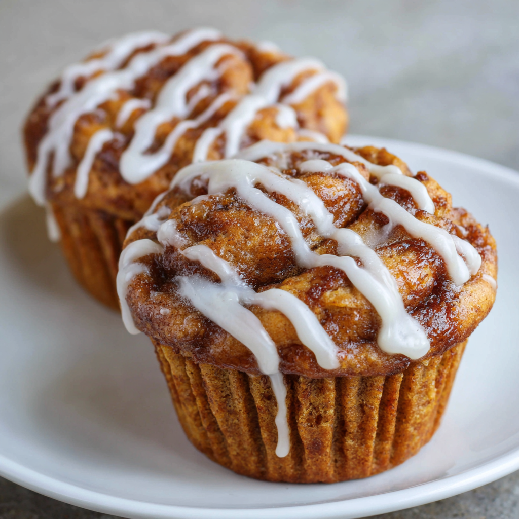 Stack of glazed pumpkin muffins with cinnamon swirls visible