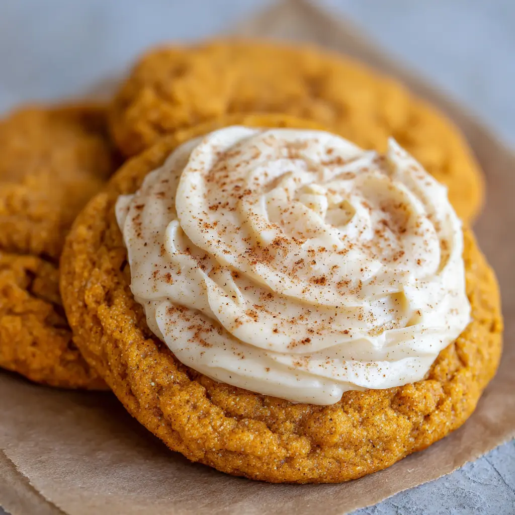 Pumpkin cookies arranged on a cooling rack with frosting swirl