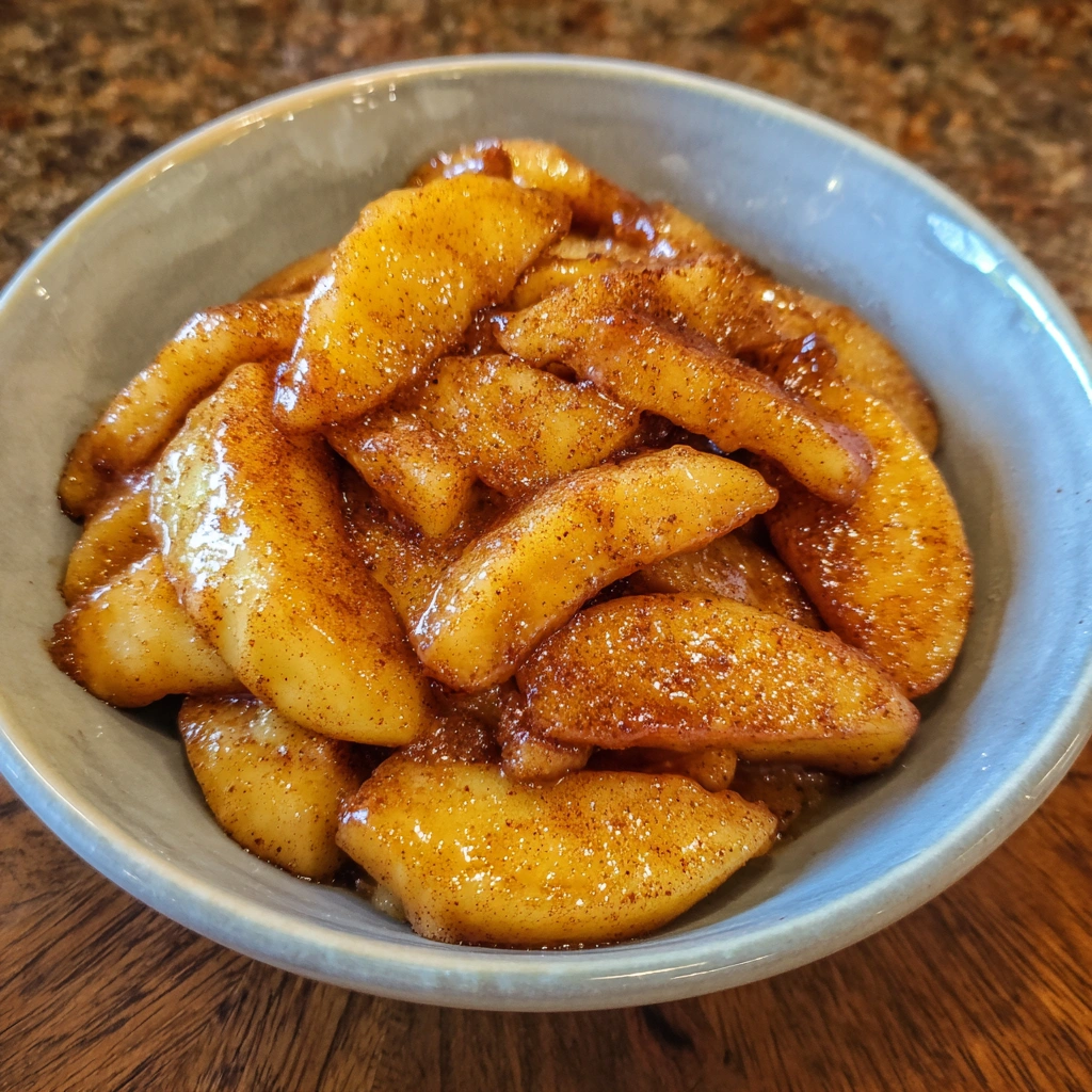 Glass dish of caramelized apples ready to serve
