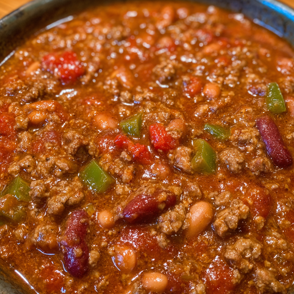 Bowl of Texas-style chili with beef, beans, and rich tomato sauce, topped with cheddar cheese and onions.
