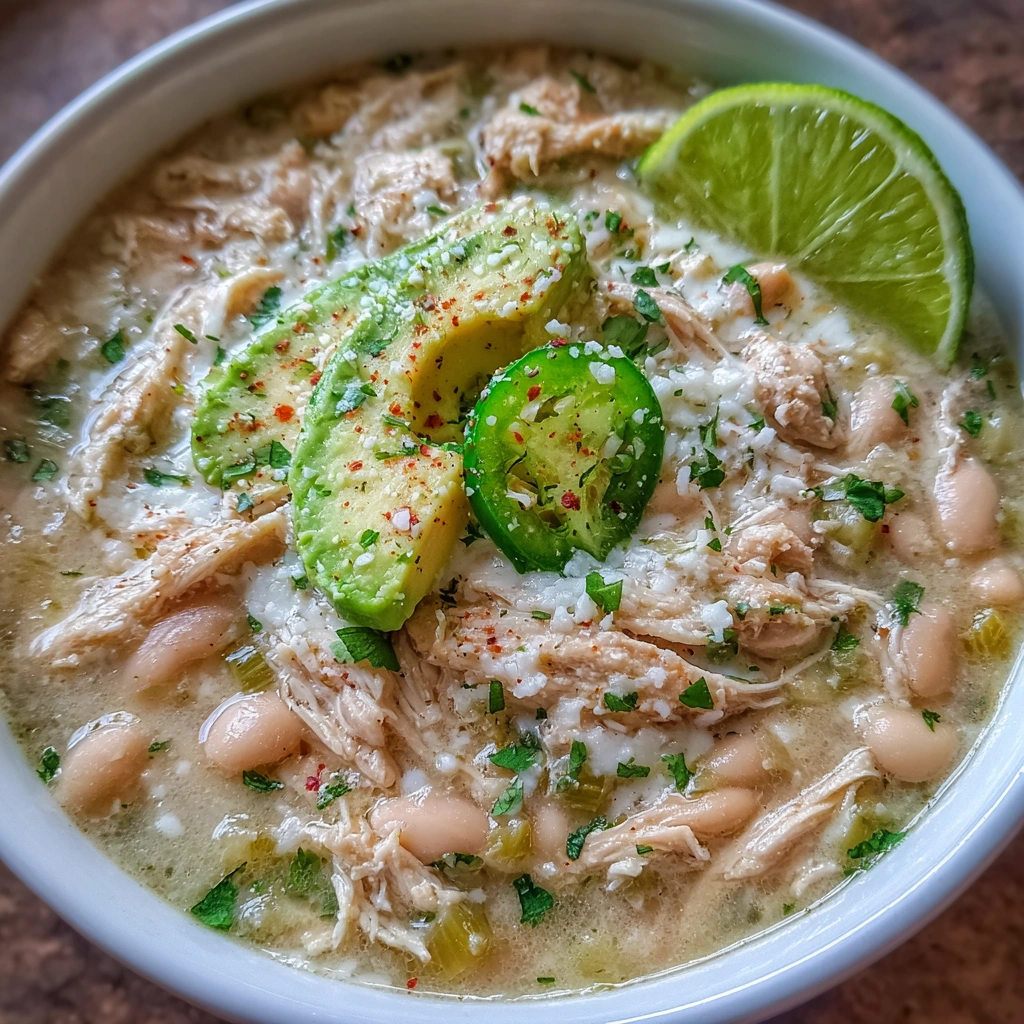 Bowl of creamy white chicken chili topped with cilantro and lime