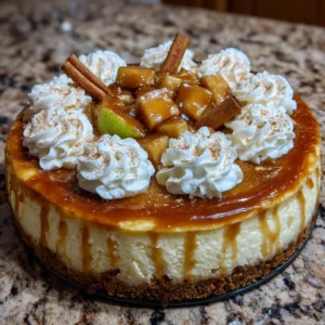 Slice of creamy apple cider cheesecake with spiced crust