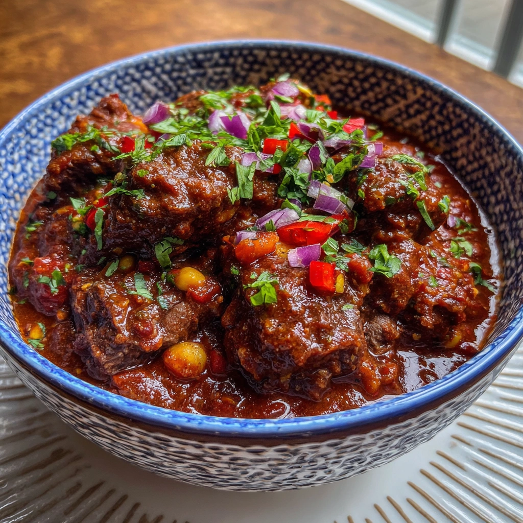Close-up of chunky chili with shredded beef, beans, and tomatoes.