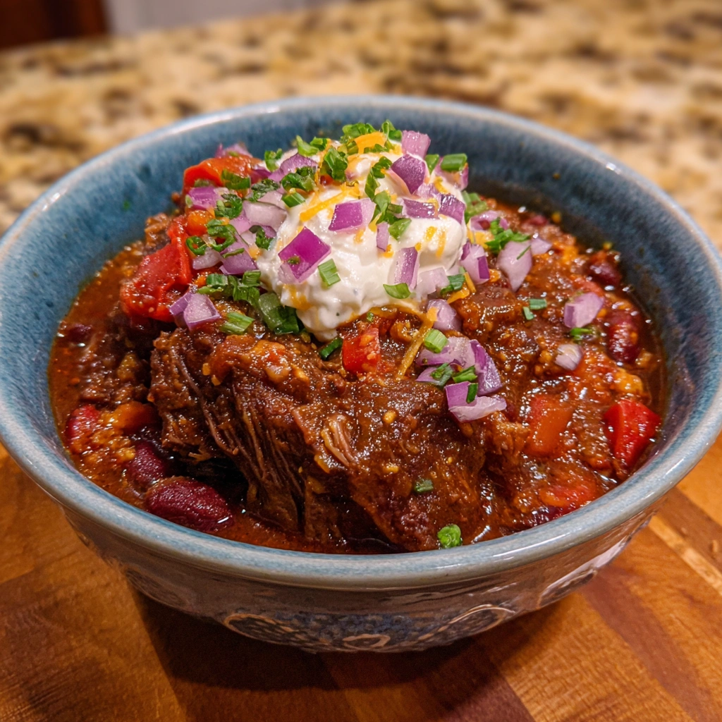 Chili served in a rustic bowl with sour cream and jalapeños on top.