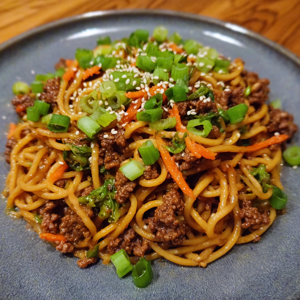 Asian beef spaghetti in a bowl with green onions
