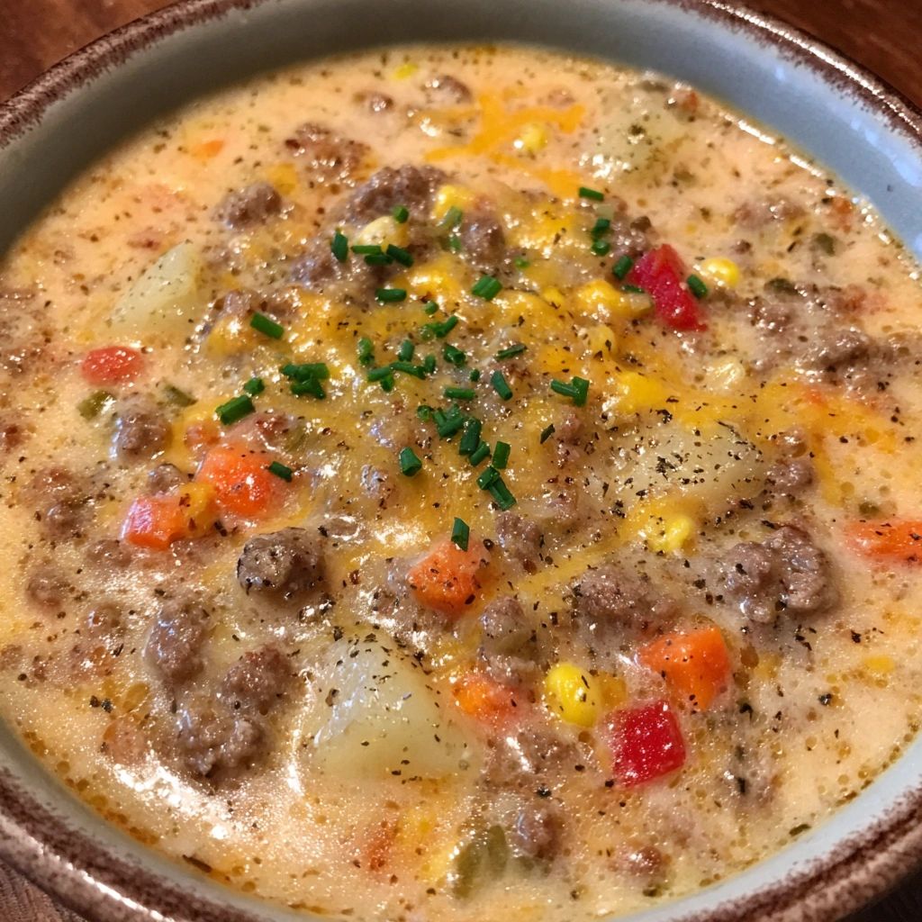 Creamy cheeseburger soup with potatoes and melted cheese in a bowl