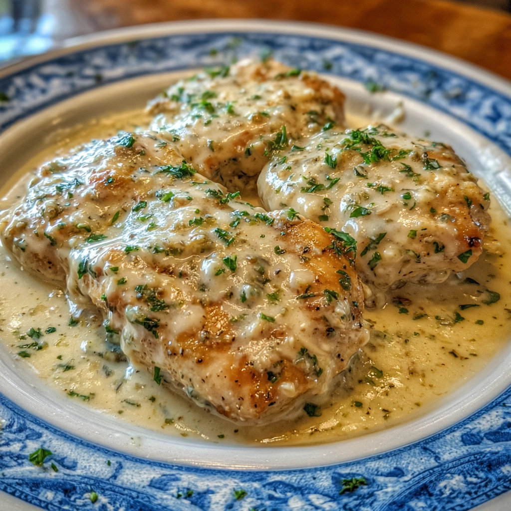 Chicken breasts covered in creamy ranch sauce cooking in a Crock-Pot