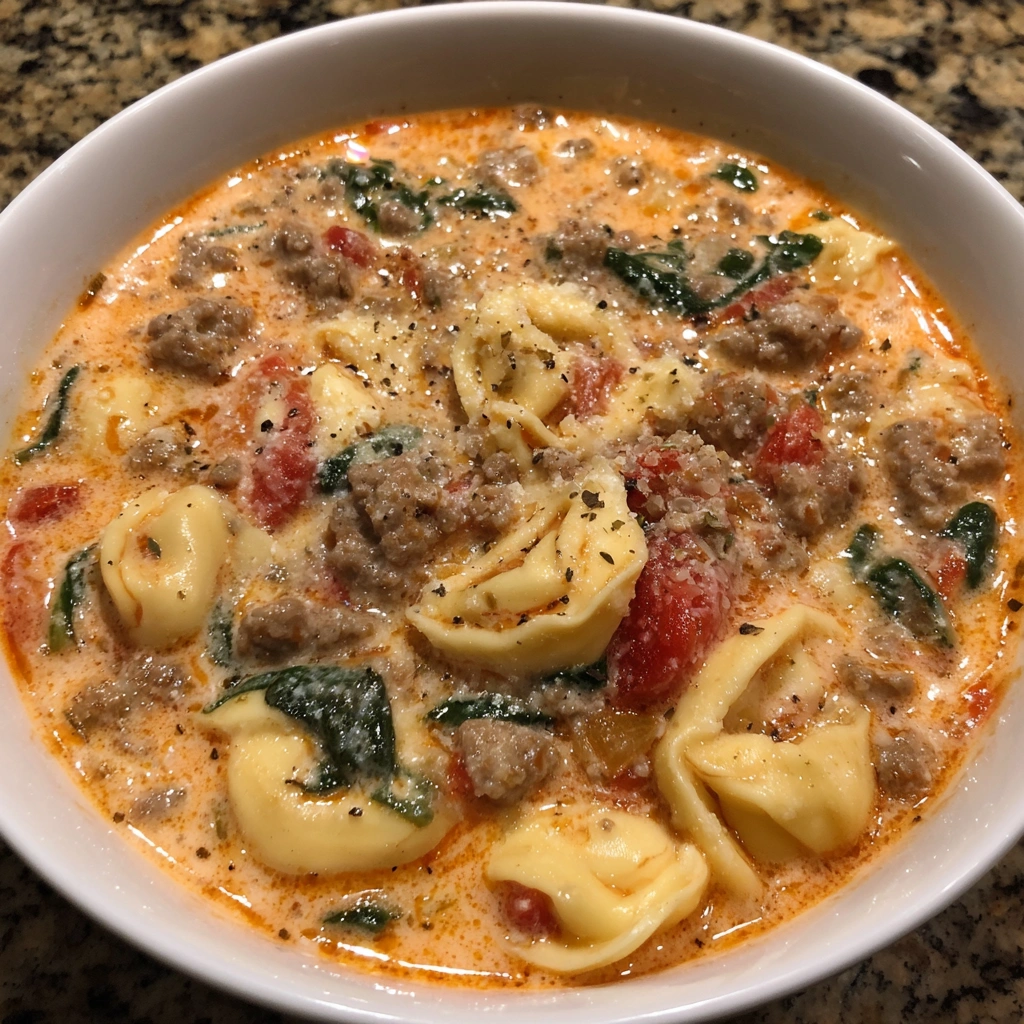 Creamy tortellini soup in a bowl with sausage and spinach