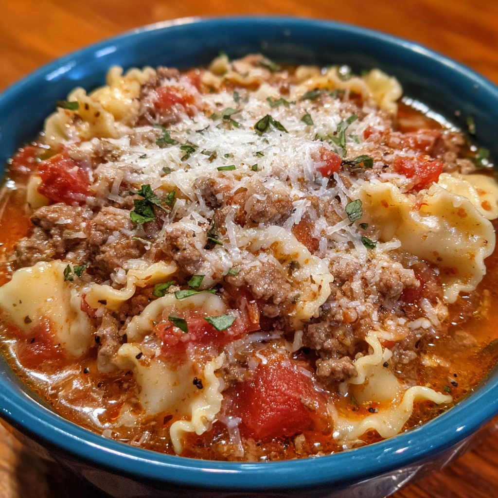 Bowl of crockpot lasagna soup with cheesy topping and herbs