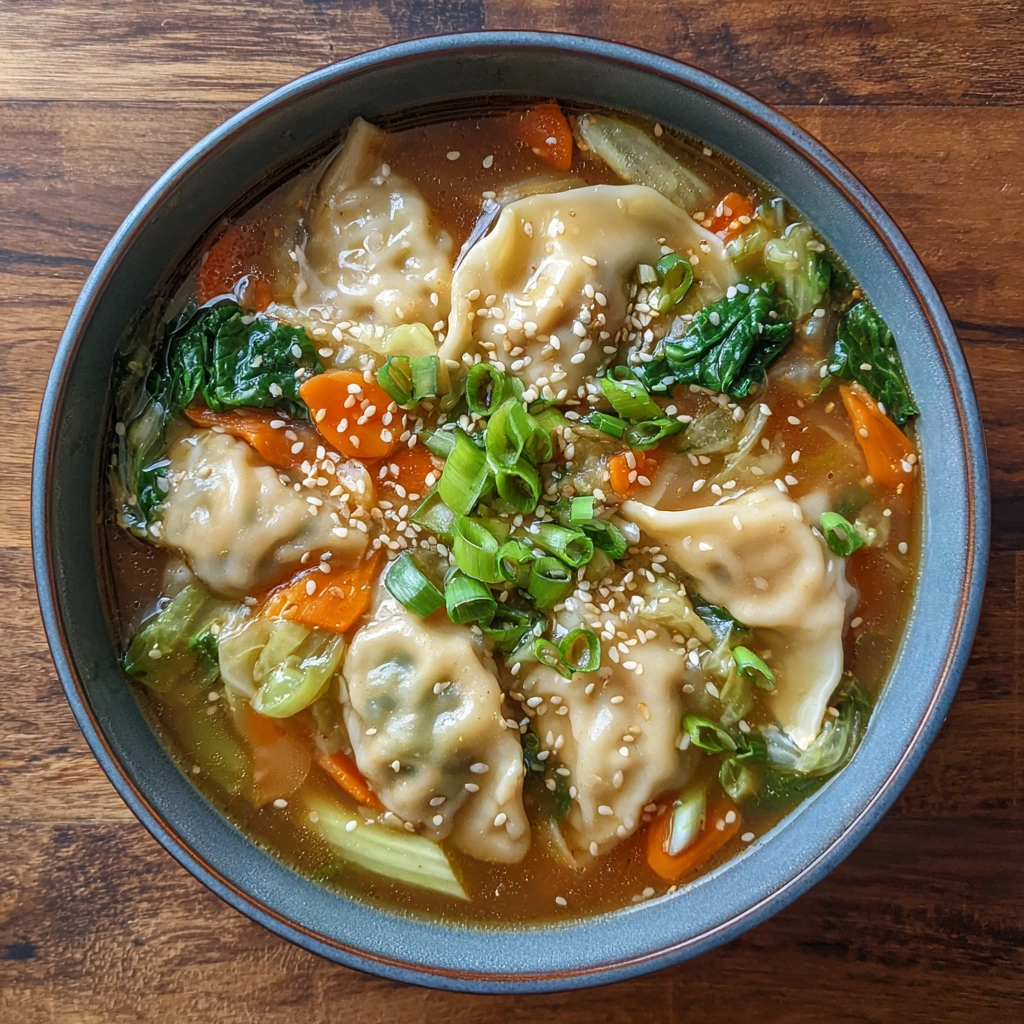 Steaming bowl of potsticker soup with dumplings and veggies