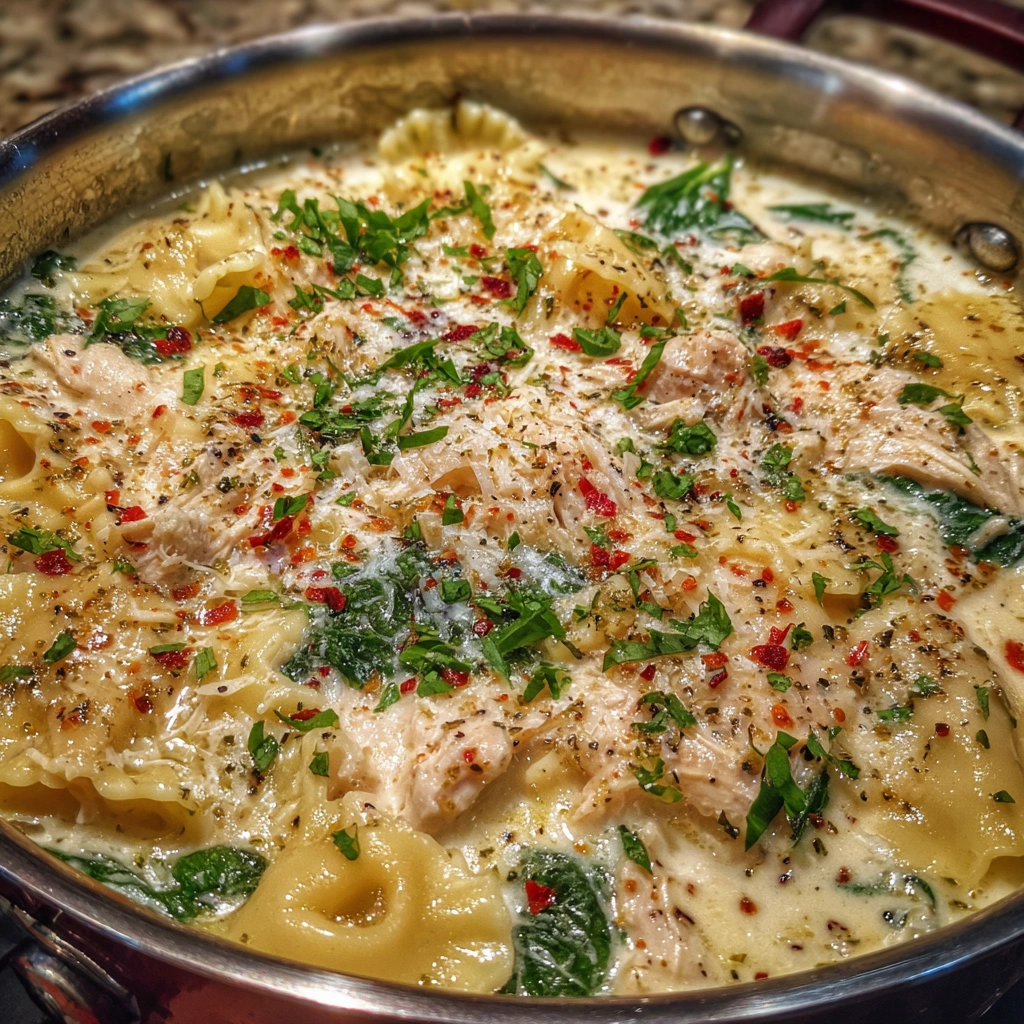 Steamy pot of white lasagna soup filled with spinach, cheese, and noodles