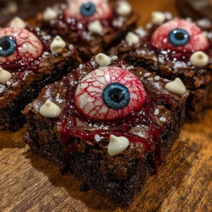 Tray of eyeball-topped brownies on Halloween-themed plate