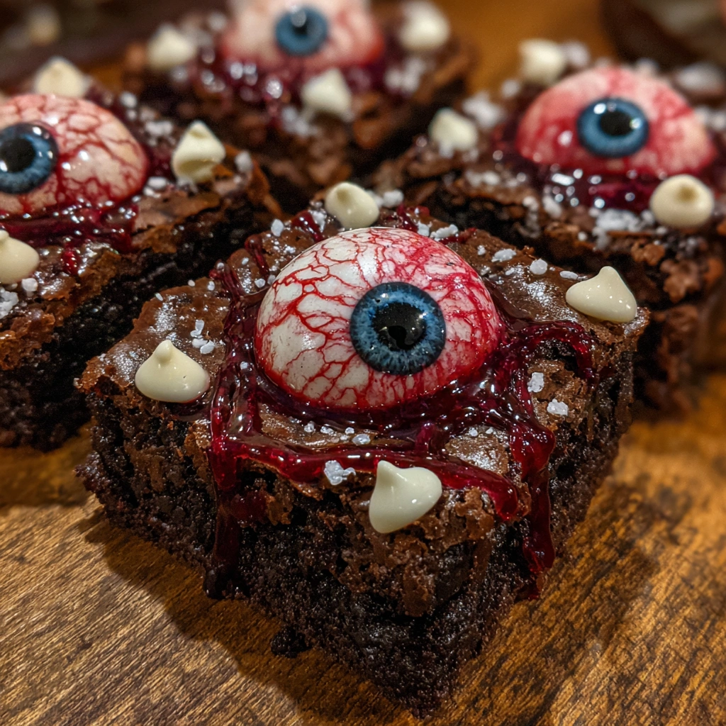Tray of eyeball-topped brownies on Halloween-themed plate