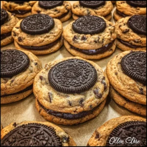 Tray of golden cookies with Oreo peeking through inside