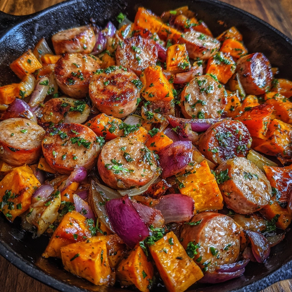Caramelized sausage and sweet potatoes in a sticky glaze
