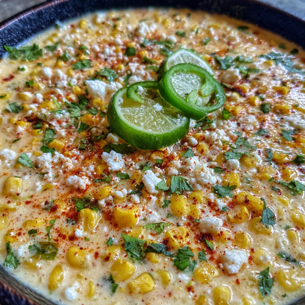 Ladle lifting creamy street corn soup from a pot