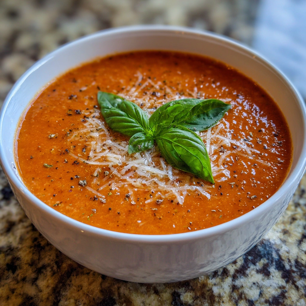 Smooth and rich tomato soup topped with basil and cheese