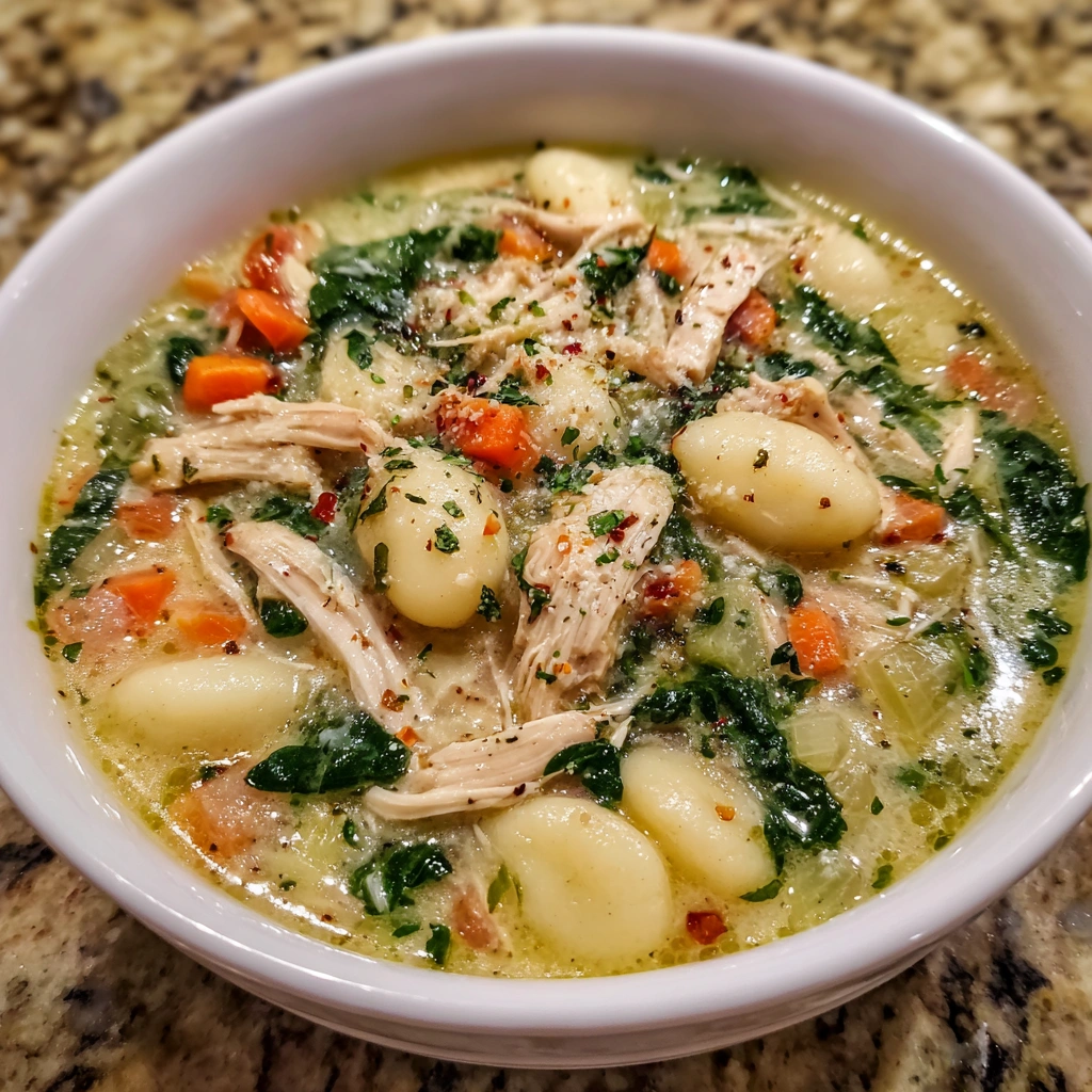 Bowl of creamy gnocchi soup with tender chicken and fresh herbs
