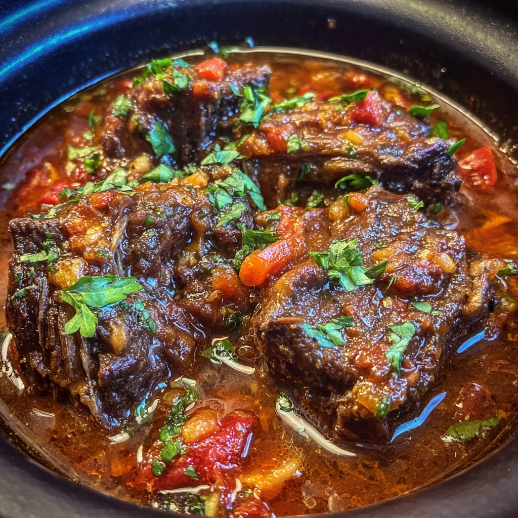 Pot of simmering chili with beef short ribs, chorizo, and spices.