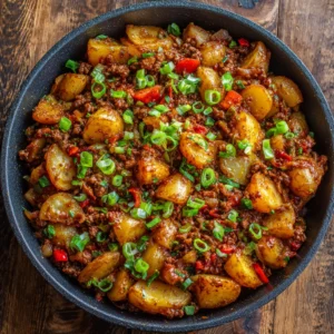 Overhead view of a skillet filled with cheesy sloppy joe and potatoes
