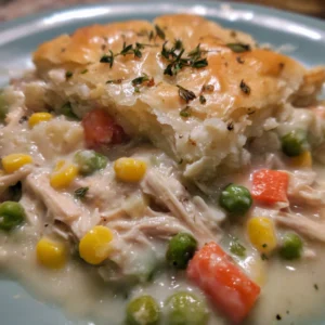 A bowl of creamy slow cooker chicken pot pie topped with golden biscuit