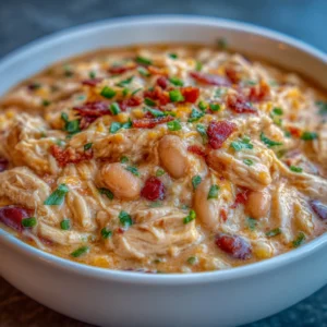 Bowl of creamy chicken chili topped with cheese and bacon
