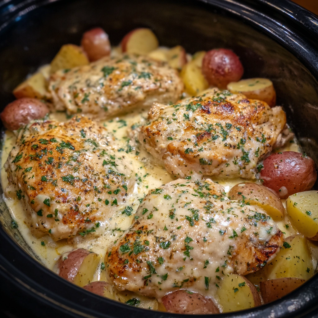 Juicy chicken and cheesy potatoes topped with herbs