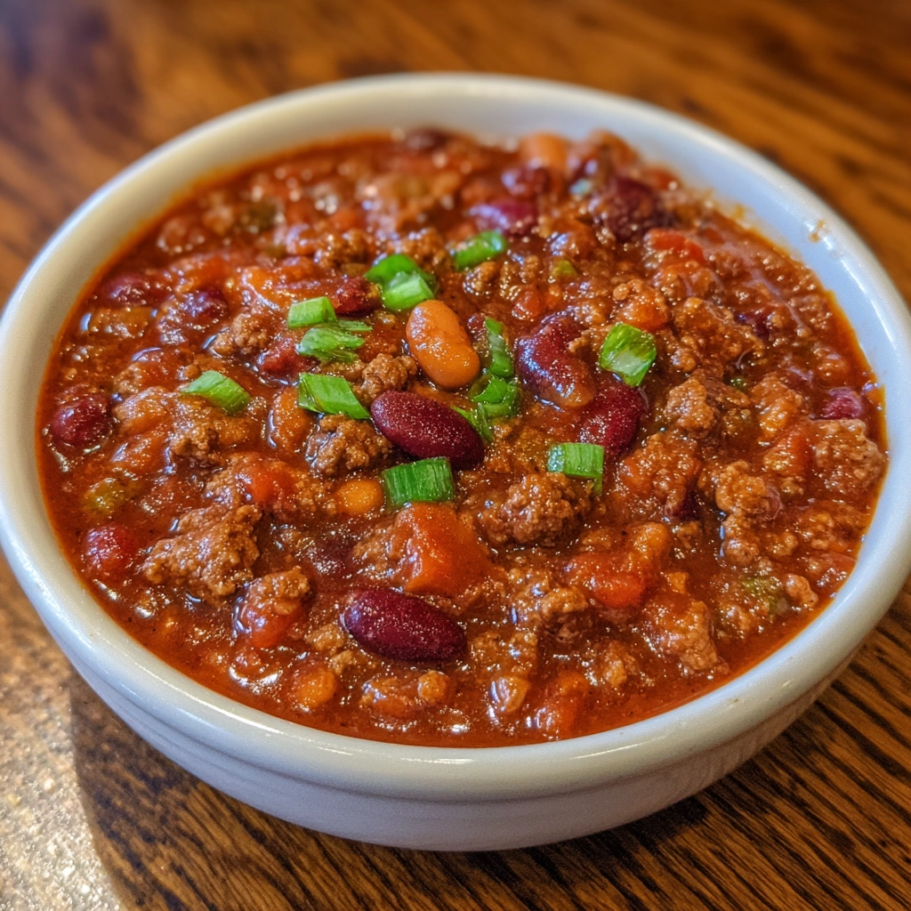 Overhead shot of chili simmering in a pot with steam rising.