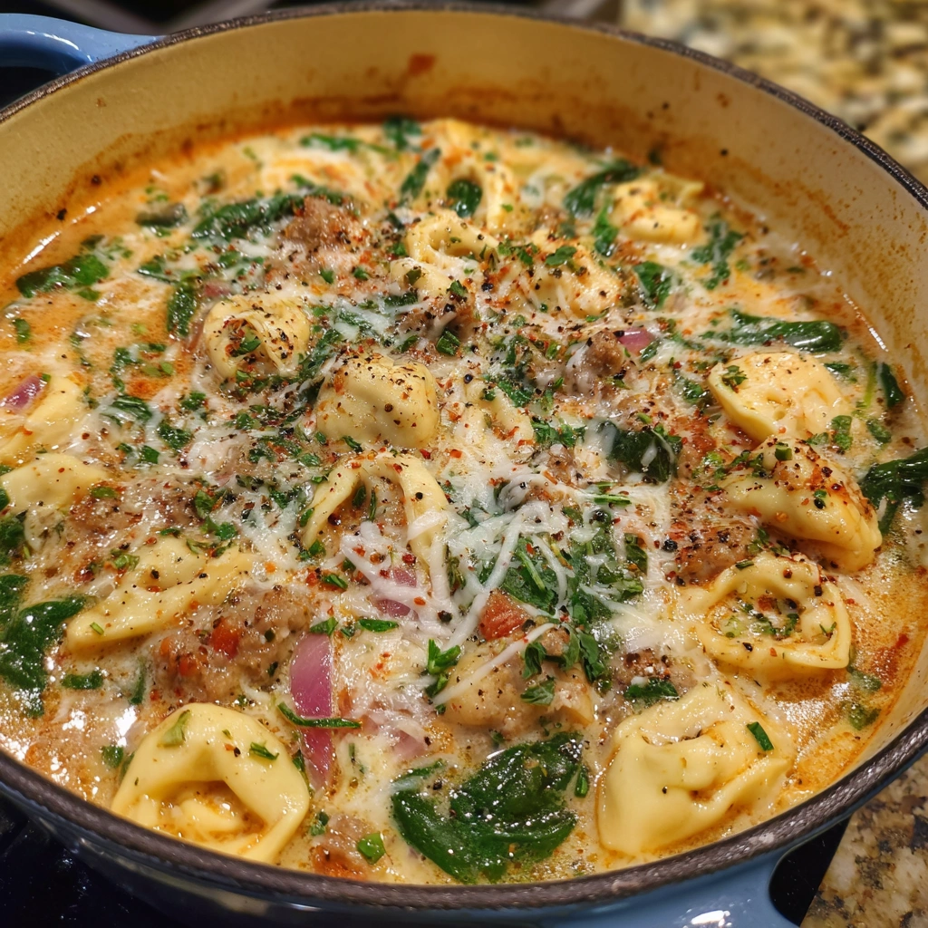 Close-up of tortellini soup with herbs, sausage, and a creamy tomato base